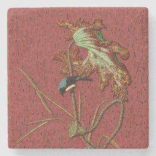 G.A. Audsley Vintage Red Japanese Bird Lotus Art Stone Coaster