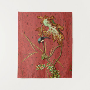 G.A. Audsley Vintage Red Japanese Bird Lotus Art Tapestry