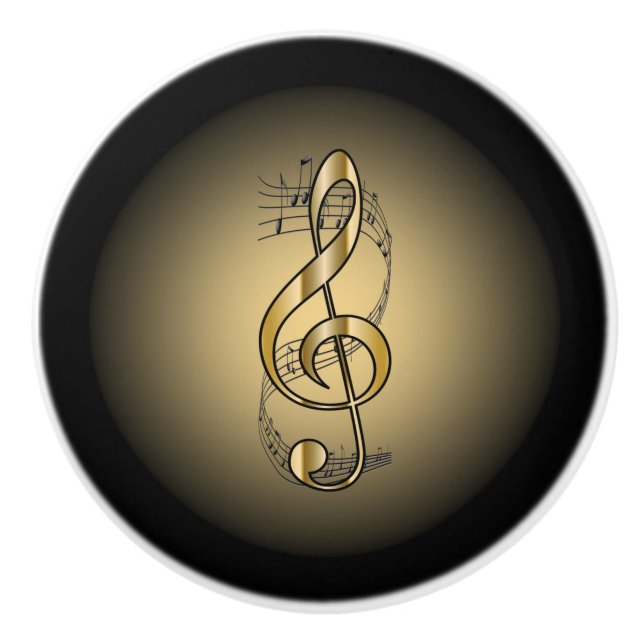 G Clef ~ Musical Scroll ~ Gold/Black Background ~ Ceramic Knob (Front)