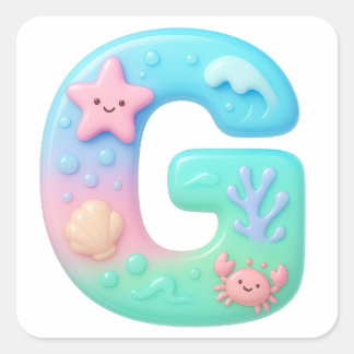 "G" Cute Bubble Letter - Underwater Sea Creature Square Sticker