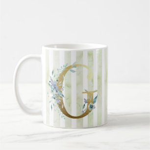 G  golden initial on blue and white stripes coffee mug