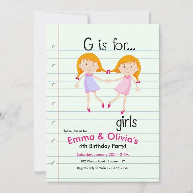 G is for Girls Birthday Party Invitation (Front)