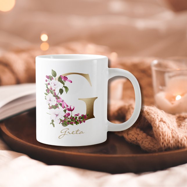 G Letter Gold Monogram |White Magenta Green Floral Large Coffee Mug (Creator Uploaded)