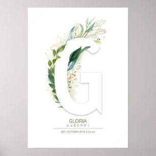 G Letter Monogram Gold Greenery Foliage Chic Poster