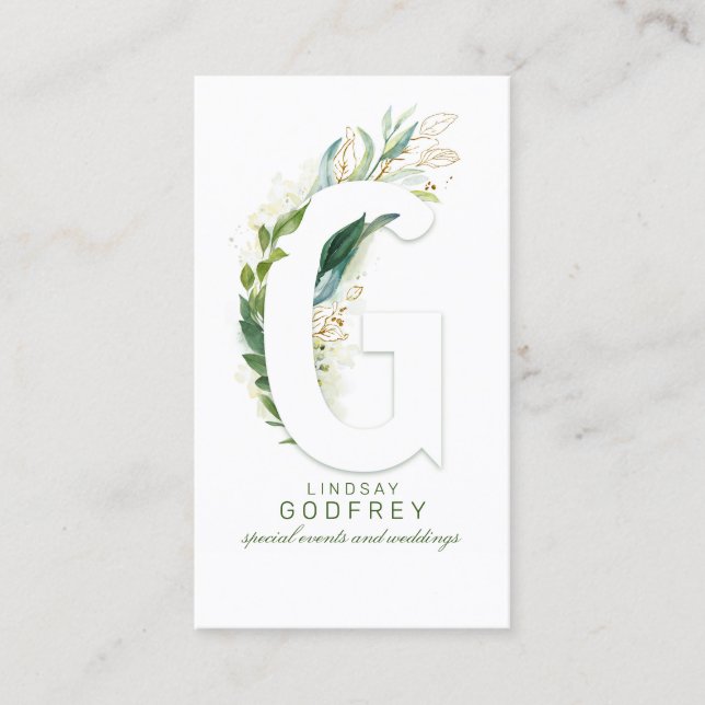 G Letter Monogram Gold Greenery Leaves Elegant Business Card (Front)