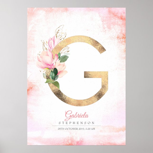 G Letter Monogram Gold Leaves Pink Magnolia Floral Poster (Front)