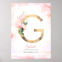 G Letter Monogram Gold Leaves Pink Magnolia Floral