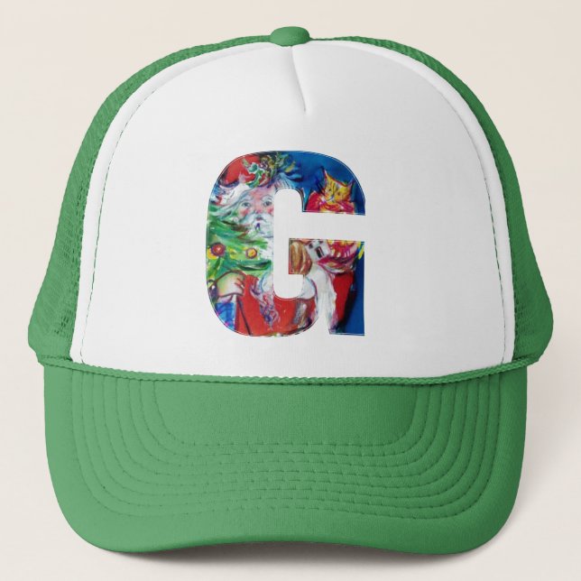 G LETTER / SANTA WITH CHRISTMAS TREE MONOGRAM TRUCKER HAT (Front)