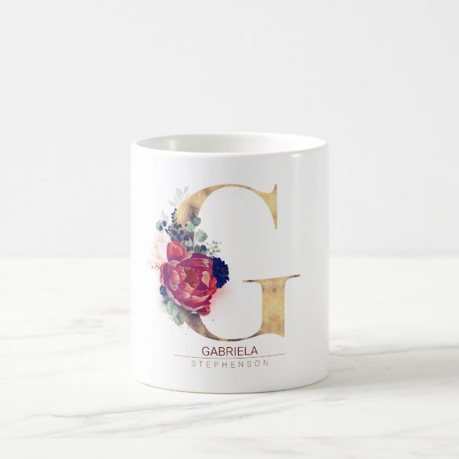 G Monogram Floral Burgundy Red and Navy Blue Coffee Mug (Center)