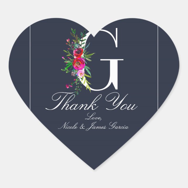 G Monogram Last Initial Modern Blue Floral Wedding Heart Sticker (Front)