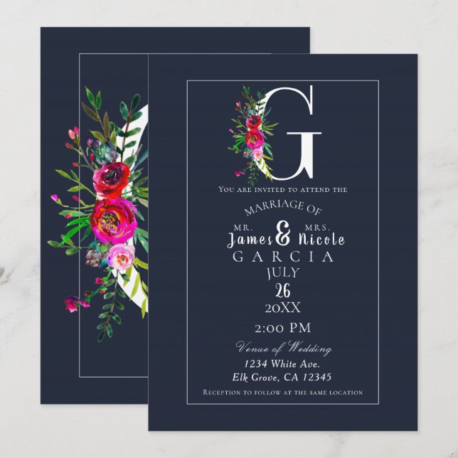 G Monogram Last Initial Modern Blue Floral Wedding Invitation (Front/Back)