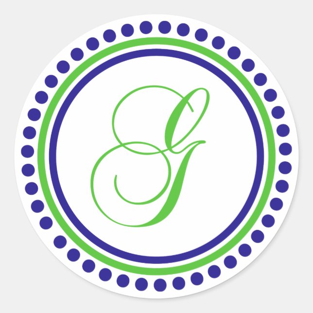 G Monogram (Navy Blue / Lime Green Dot Circle) Classic Round Sticker (Front)