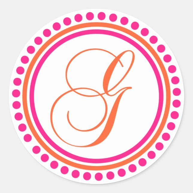 G Monogram (Pink / Orange Dot Circle) Classic Round Sticker (Front)