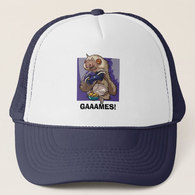 GAAAMES! Gamer Sloth Eating Nachos In Underpants Trucker Hat (Front)