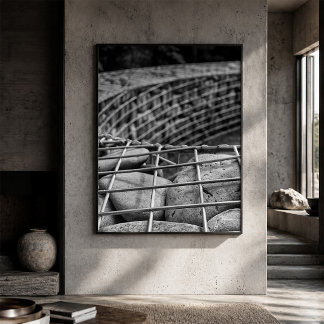 Gabion Stone Wall Close Up Black and White Poster