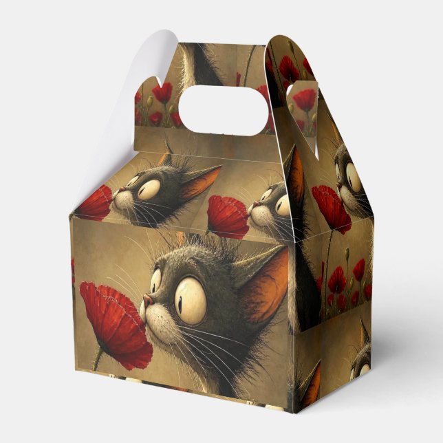 Gable Favour Box Black & White Cat Red Flower (Front Side)