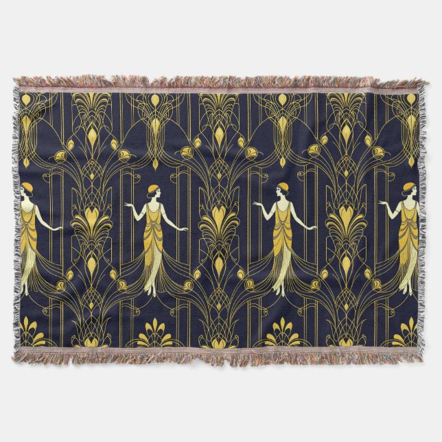 Gabsy gold and black decorative pattern throw blanket (Front)