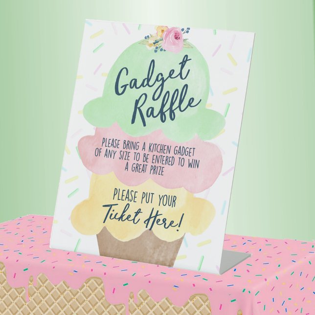 Gadget Raffle Ice Cream Bridal Shower Pedestal Sign (Gadget Raffle Watercolor Ice Cream Bridal Shower Pedestal Table Sign)