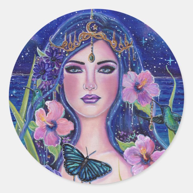 Gaia goddess with hummingbirds by Renee Lavoie Classic Round Sticker (Front)