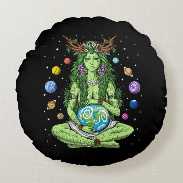Gaia Mother Earth Goddess Round Cushion (Front)