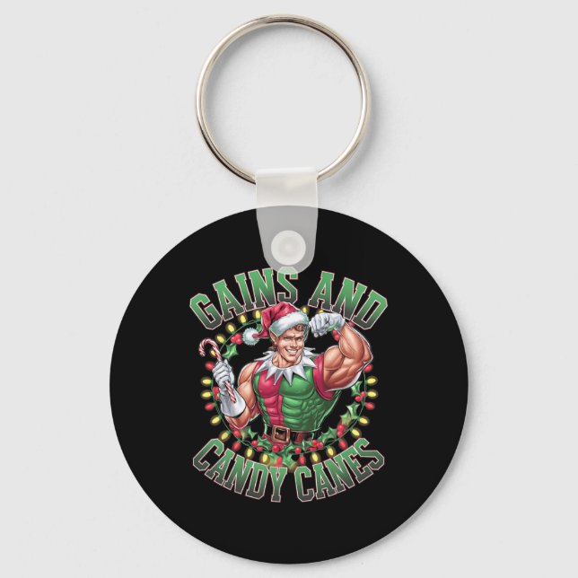 Gains And Candy Canes Funny Christmas Elf Gym Work Key Ring (Front)