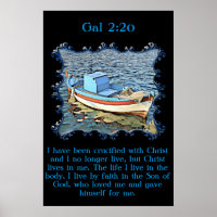 Gal 2:20 with a old boat in the calm ocean.