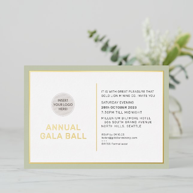 GALA BALL logo modern minimal sage green gold (Standing Front)