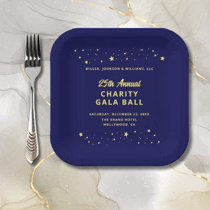 Gala Event Charity Ball Elegant Blue Gold Stars Paper Plate