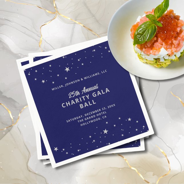 Gala Event Charity Ball Elegant Blue Silver Stars Napkin (Gala Event Charity Ball Elegant Navy Blue and Silver Cocktail Napkin with Event Details, Stars.)