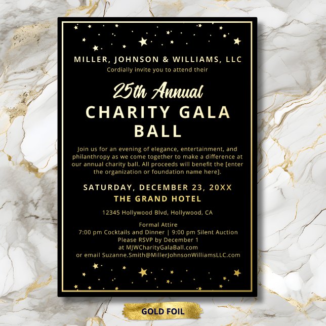 Gala Event Charity Fundraiser Elegant Black Gold (Gala Event Charity Fundraiser Silent Auction Elegant Black with Gold Foil Invitation.)