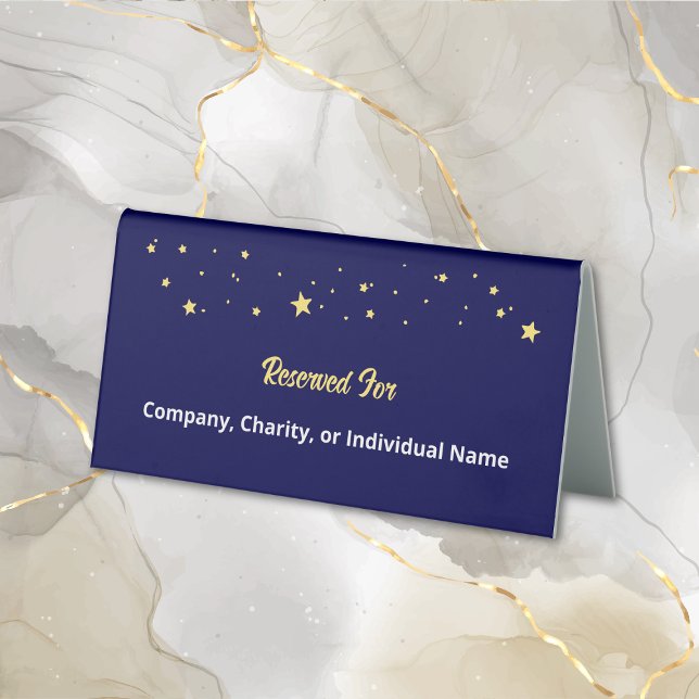 Gala Event Elegant Navy Blue Gold Stars Reserved (Reserved Table Tent Sign with Gold Stars for Gala Event, Fundraiser, Benefit, Charity Gala Ball.)