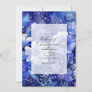 Galactic Cobalt and Silver Floral Wedding Invitation
