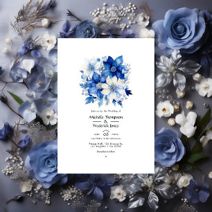 Galactic Cobalt and Silver Floral Wedding Invitation