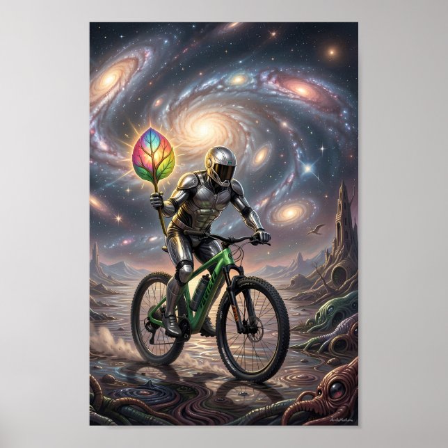 Galactic Cyclist with Luminous Leaf Poster (Front)