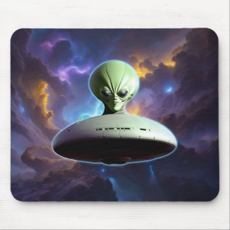 Galactic Encounter: Green Alien Head UFO Adventure Mouse Mat