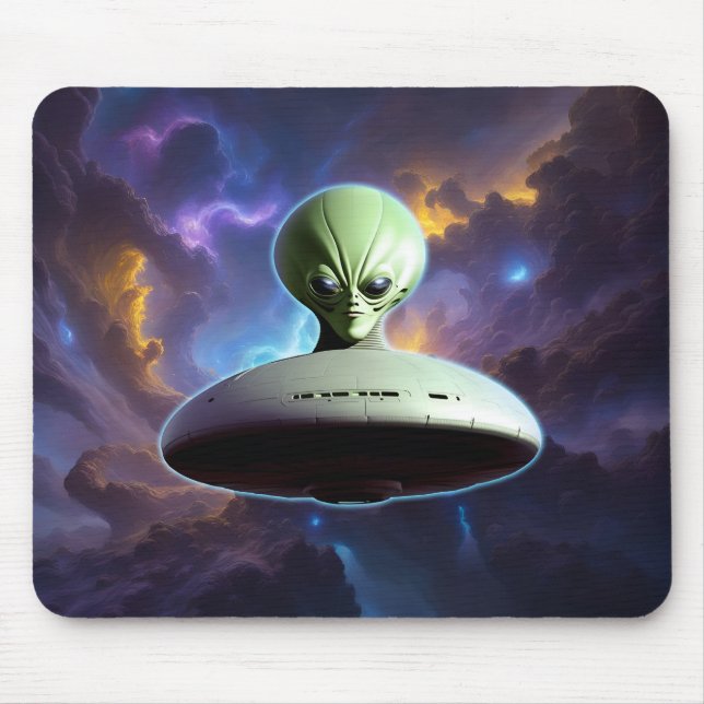 Galactic Encounter: Green Alien Head UFO Adventure Mouse Mat (Front)