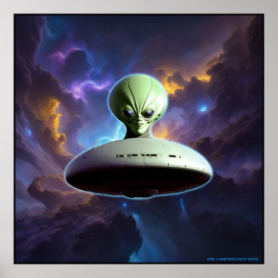 Galactic Encounter: Green Alien Head UFO Adventure Poster