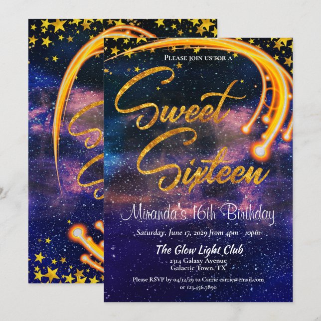 Galactic Glow Light Sweet Sixteen Birthday Party Invitation (Front/Back)