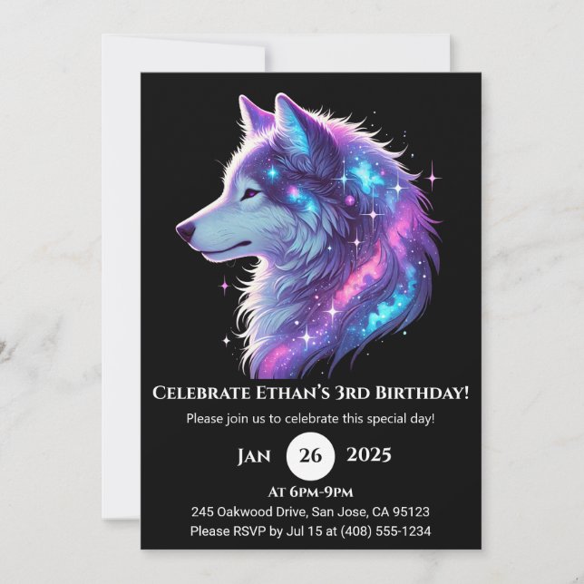 Galactic Glow Wolf Birthday Invitation (Front)