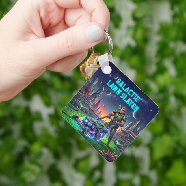 Galactic Lawn Slayer Retro Comic Space Astronaut Key Ring (Hand)
