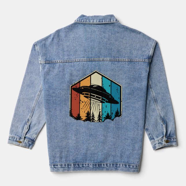 Galactic Reverie: UFO Soars Over Retro Forest Denim Jacket (Back)