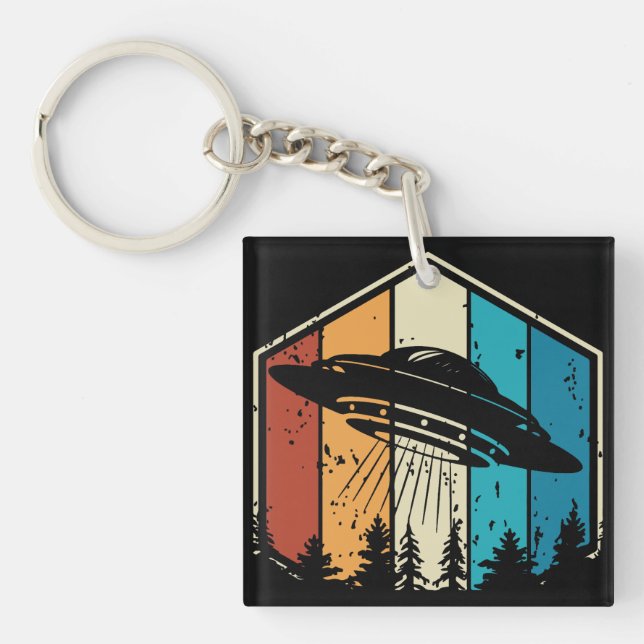 Galactic Reverie: UFO Soars Over Retro Forest Key Ring (Front)