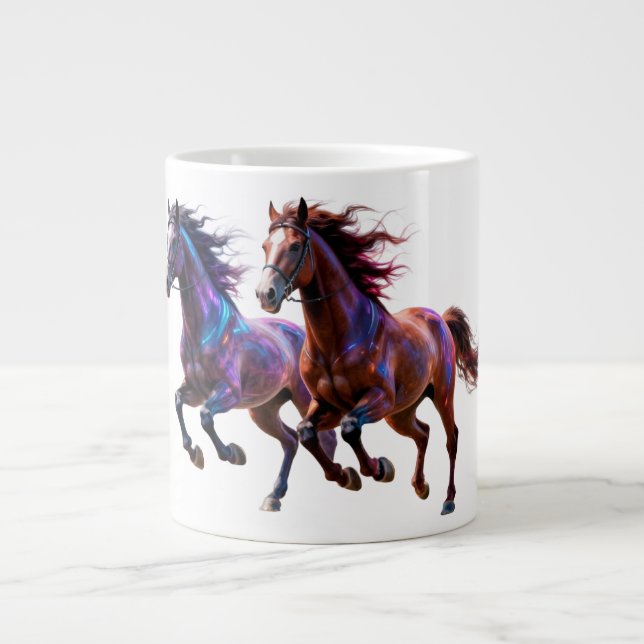 Galactic Running Neon Mystic Horses  Pair Fantasy  Large Coffee Mug (Front)
