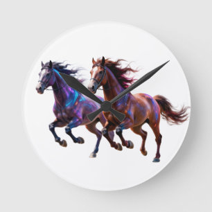 Galactic Running Neon Mystic Horses  Pair Fantasy  Round Clock