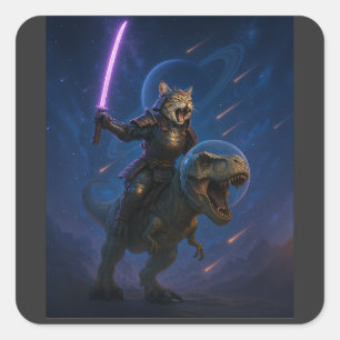 Galactic Samurai Cat on T Rex Square Sticker