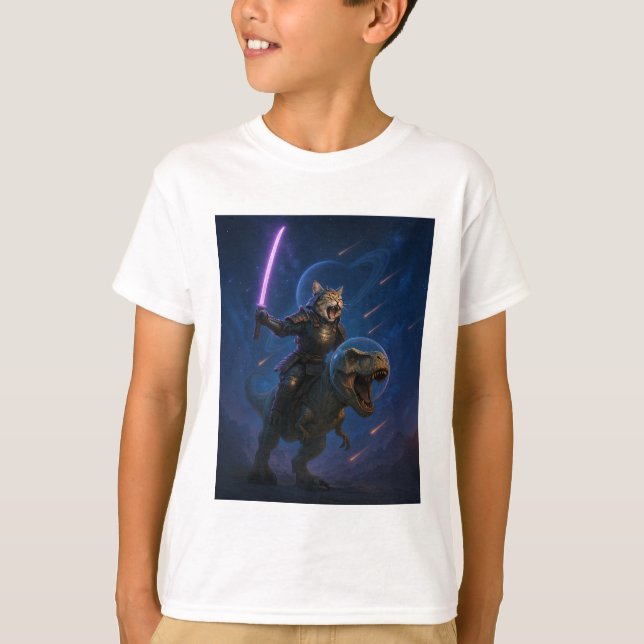 Galactic Samurai Cat on T Rex T-Shirt (Front)