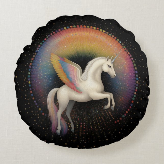 Galactic Unicorn Rainbow Coloured Stars Deep Space Round Cushion (Front)
