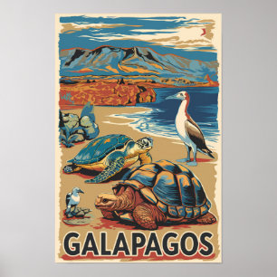 Galapagos Animals Travel Art Vintage Poster