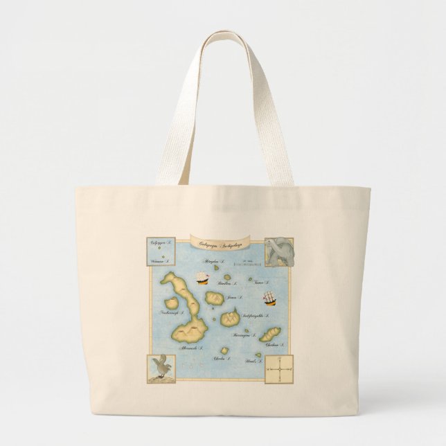 Galapagos Archipelago Map with Sailing Ships and A Large Tote Bag (Front)