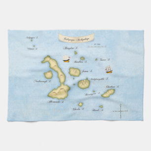 Galapagos Archipelago Nautical Map With Ships Kitc Tea Towel